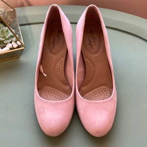 Blush faux suede heels